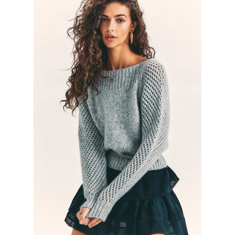 LoveShackFancy Rosie Pullover Sweater Grey Knit Alpaca Wool Crochet Sleeves Sz S
